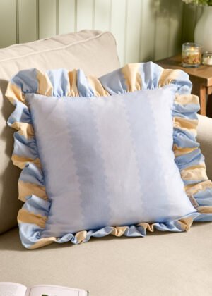 Birdie Stripe Ruffle Cushion Lemon/Sky