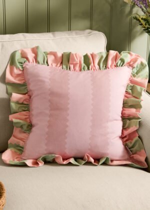 Birdie Stripe Ruffle Cushion Pink/Green