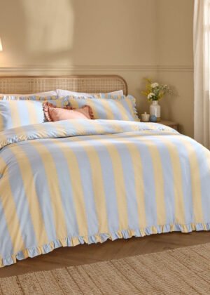 Birdie Stripe Ruffle Duvet Cover Set Lemon/Sky