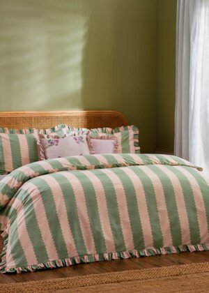 Birdie Stripe Ruffle Duvet Cover Set Pink/Green