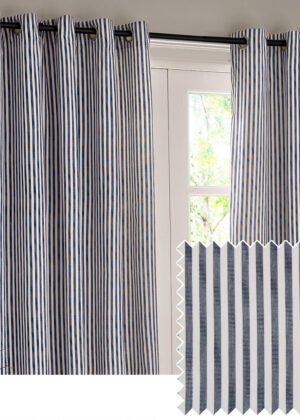 Hebden Striped 100% Cotton Lined Eyelet Curtains Navy